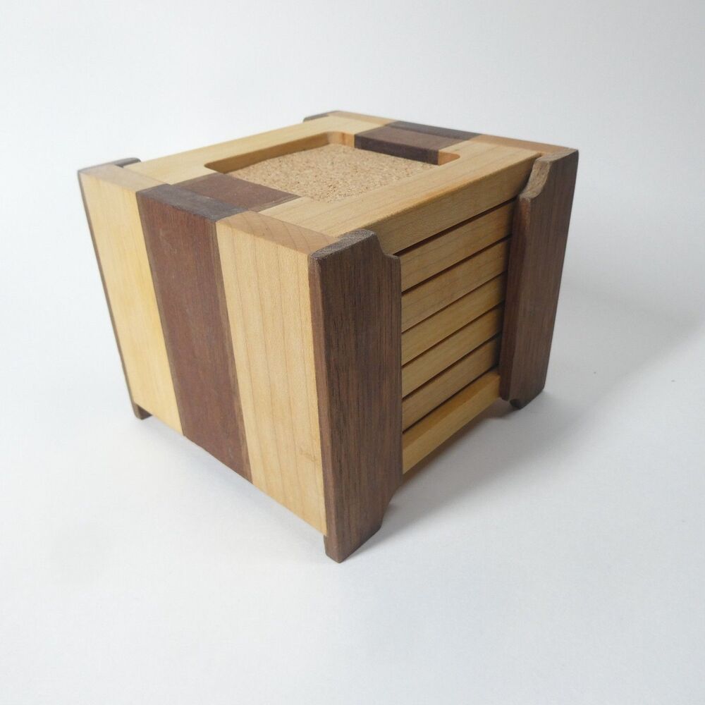 Handmade Wooden Coasters Set 6 w/Holder Handcrafted Signed Artisan Woodworking